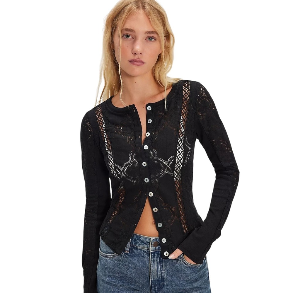 Free People Romantic Boho Jae Knit Long Sleeve Top Black Lace Whimsigoth Small